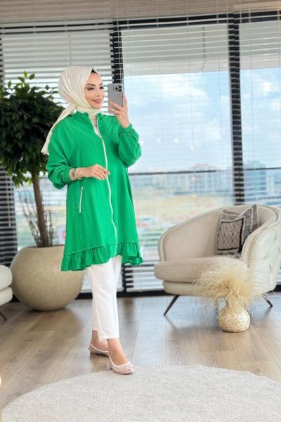 5550 Omuzu Taş Apoletli Fermuarlı Hırka Yeşil