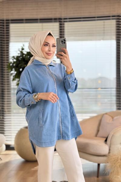 5647 Tencel Ön Fermuarlı Ceket Mavi
