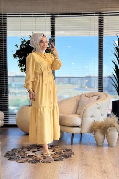 5677 Üç Katlı Düğmeli Elbise Sarı