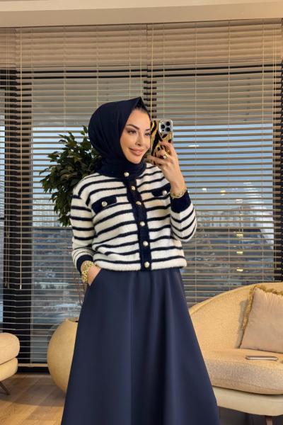 5732 Enine Çizgili Angora Hırka Lacivert