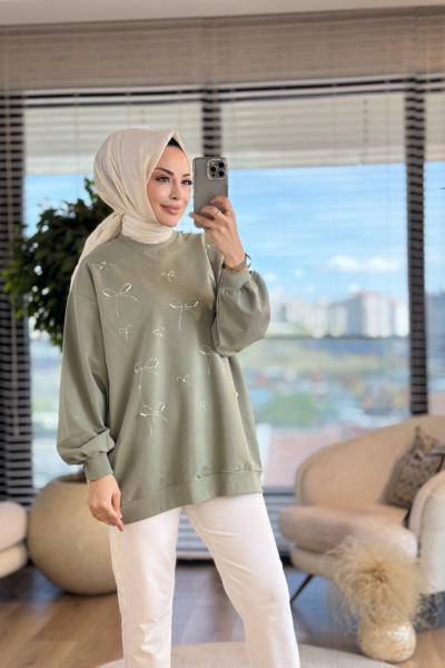 5753 Serpme Fiyonk Taş Baskılı Tunik Çağla