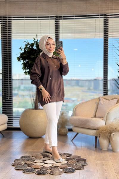 5823 Tencel Yaka İpli Fermuarlı Ceket Kahve