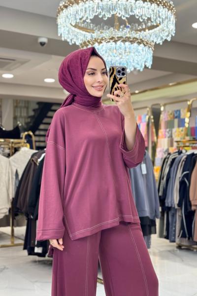 6070 Ön Ve Etek Ucu Dikiş Detaylı Takım Bordo