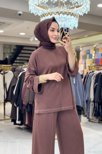 6070 Ön Ve Etek Ucu Dikiş Detaylı Takım Kahve