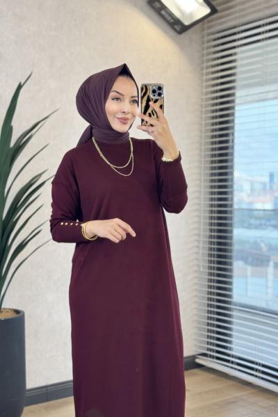 6109 Manşeti Düğme Detaylı Triko Elbise Bordo