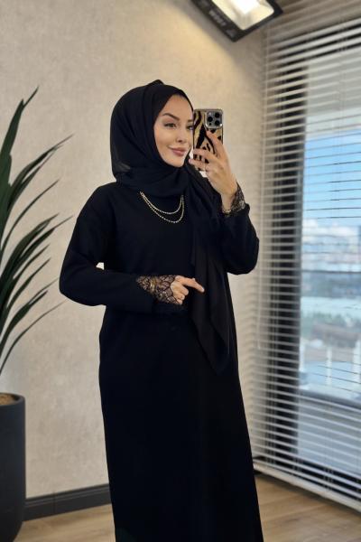 6123 Manşet ve Etek Ucu Dantelli Triko Elbise Siyah