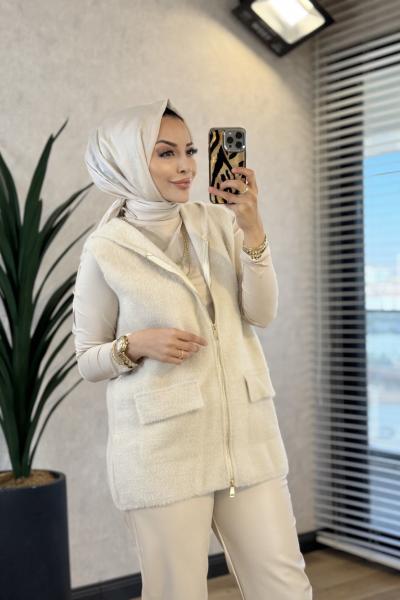 6125 Angora Kapşonlu Fermuarlı Yelek Bej