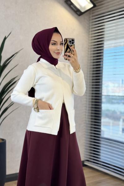 6131 Önü Cepli Ve Fermuarlı Hırka Ekru