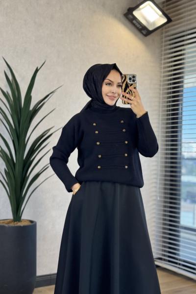 6144 Önü Düğme Ve Dikişli Triko Tunik Siyah