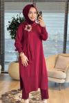 6795 Atkılı Çiçek Broşlu Uzun Triko Tunik Bordo