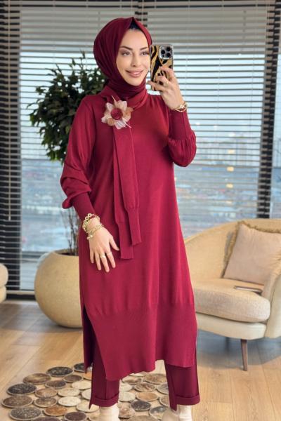 6795 Atkılı Çiçek Broşlu Uzun Triko Tunik Bordo