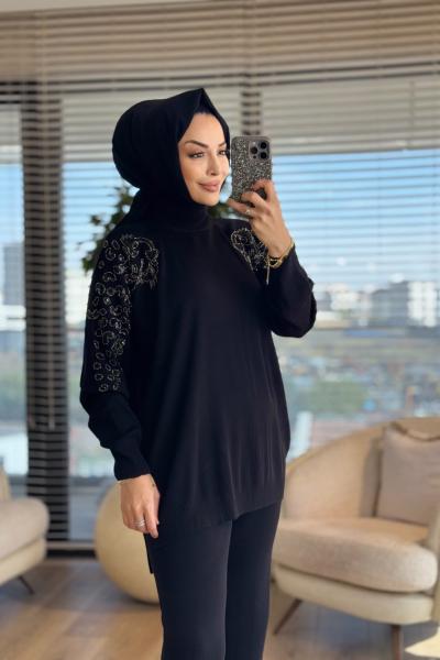 6870 Kolları İşli Triko Takım Siyah