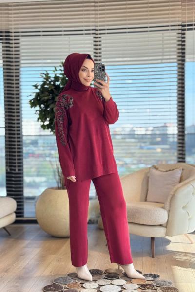6870 Kolları İşli Triko Takım Bordo