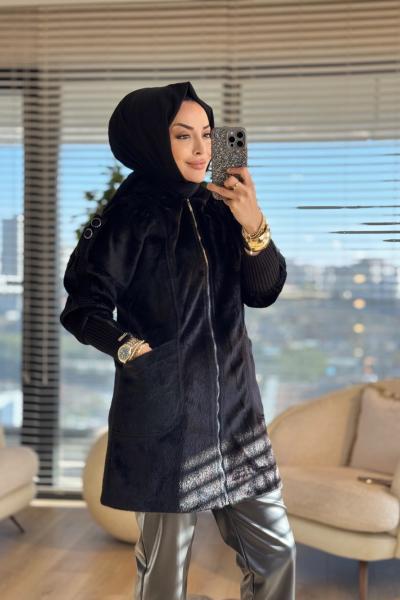 70027 Angora Omuzları Apoletli Kaban Siyah