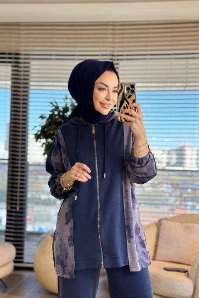 70081-2 Yanları Desenli Kapşonlu Takım Lacivert