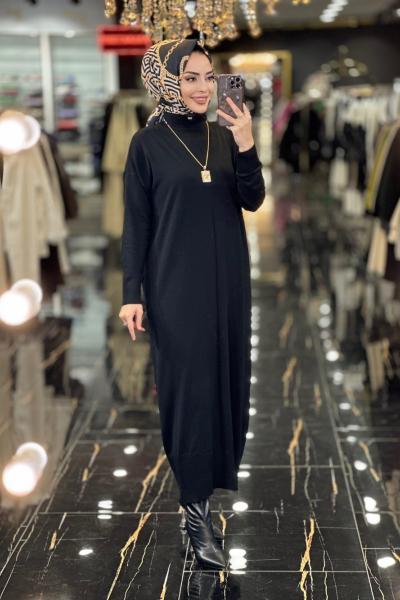 7017 Öpücük Yaka Vanezia Triko Elbise Siyah