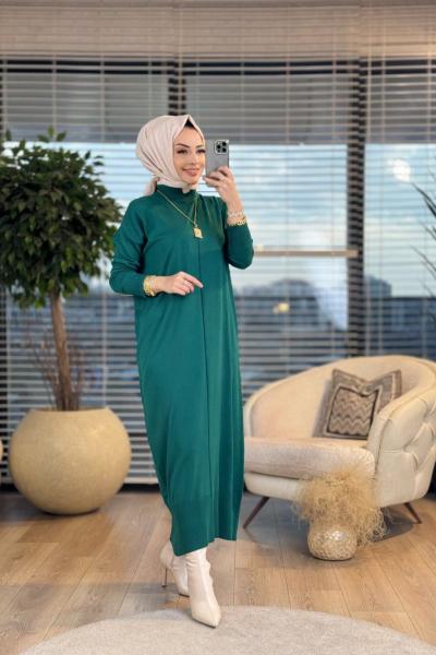 7017 Öpücük Yaka Vanezia Triko Elbise Zümrüt