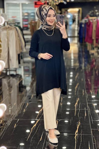 7018 Kolları Lastikli Vanezia Triko Tunik Siyah