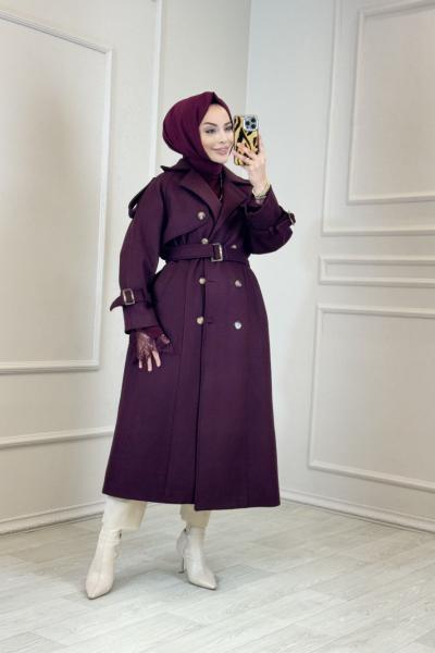 70225 Kaşe Altı Düğmeli Roba Parçalı Kaban Bordo