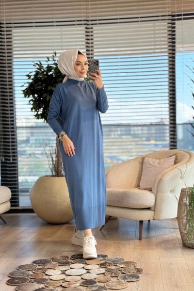 7025 Patı Fermuarlı Vanezia Elbise İndigo