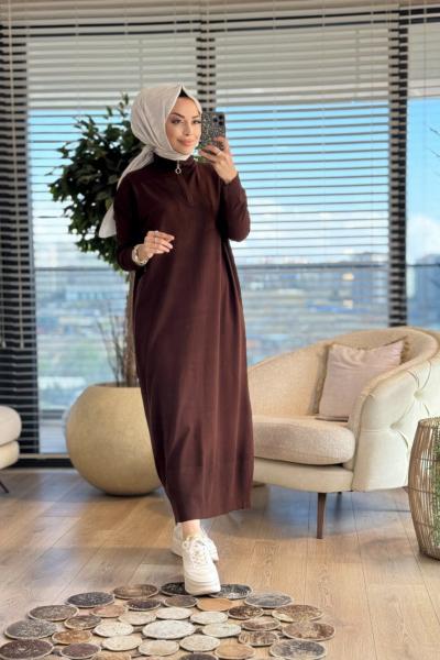 7025 Patı Fermuarlı Vanezia Elbise Kahve
