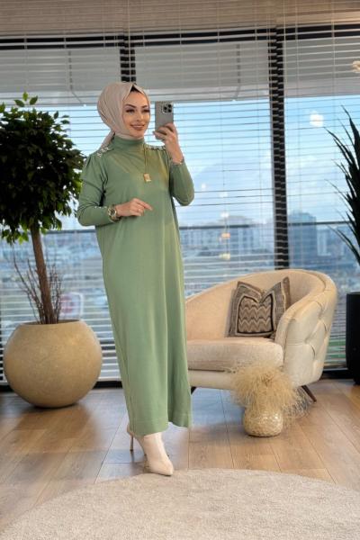 7036 Omzları İncili Vanezia Triko Elbise Çağla