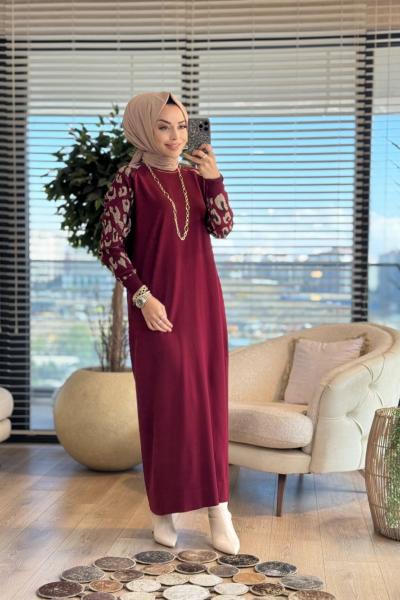 7050 Kolları Leoparlı Vanezia Elbise Bordo