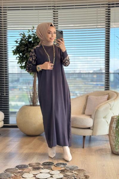 7050 Kolları Leoparlı Vanezia Elbise Antrasit