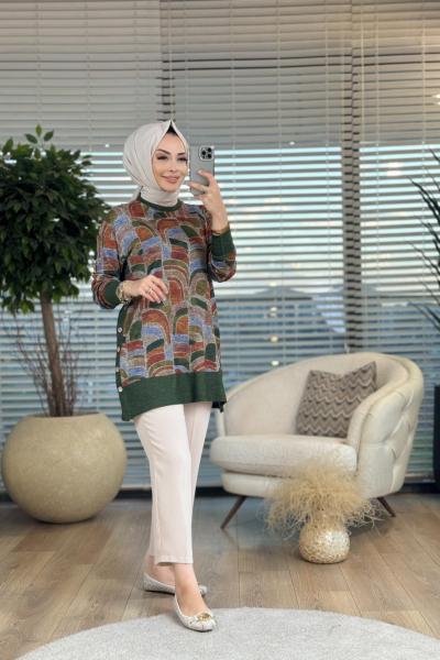 7067 Ön Geometrik Desen Tunik Haki