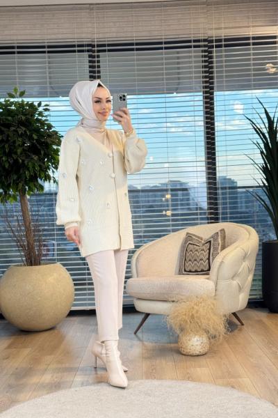 7091 Üst Kabartma Baklava Nakışlı Hırka Ekru