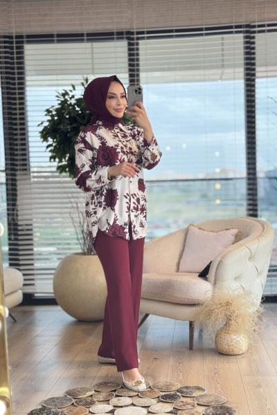 71077 Saten Gül Desenli Gömlekli Takım Bordo