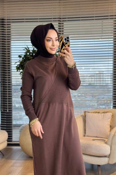 7187 Nokta Örgü İki İplik Elbise Kahve