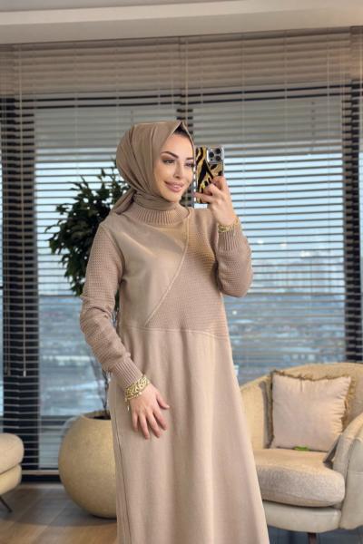 7187 Nokta Örgü İki İplik Elbise Bej