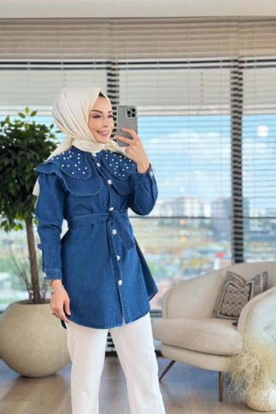 7193 Kot Bebe Yaka Üstü İncili Tunik Koyu Mavi