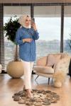 7248 Tencel Sağ Omuz İnci Çiçek İşlemeli Tunik Mavi