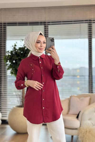 7248 Tencel Sağ Omuz İnci Çiçek İşlemeli Tunik Bordo