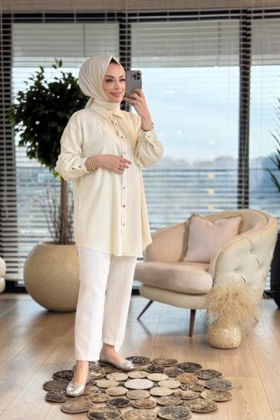 7248 Tencel Sağ Omuz İnci Çiçek İşlemeli Tunik Ekru