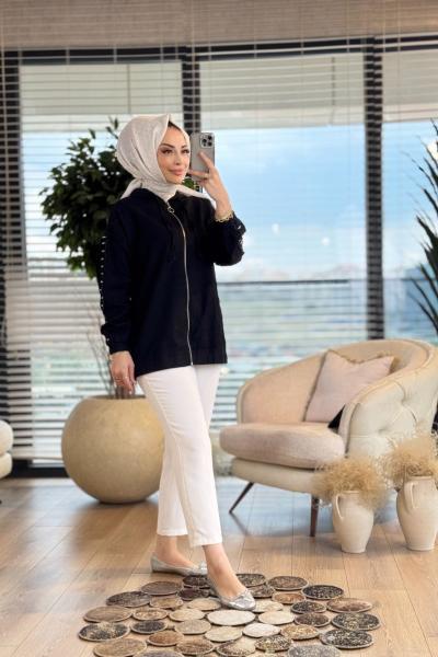 7251 Kot Kolları Taş İşlemeli Kapşonlu Mont Siyah