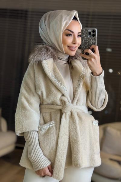 7251 Kürklü Elişi Detaylı Angora Kaban Bej