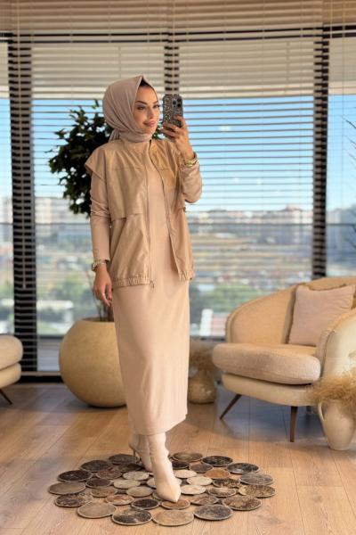 7260 Elbise Üstü Yelekli İkili Takım Vizon