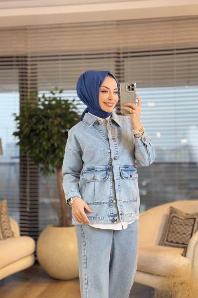 7272 Kot Önü Serpme Taşlı Ve Cepli Ceket Mavi