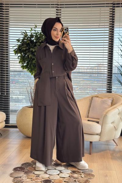 73067 Sol Taraf Parça Ve Cep Detaylı  Takım Kahve