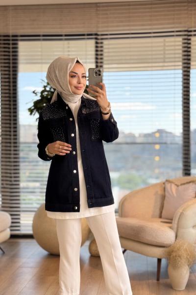 7330 Kot Roba Ve Cebi Taş Baskılı Ceket Siyah