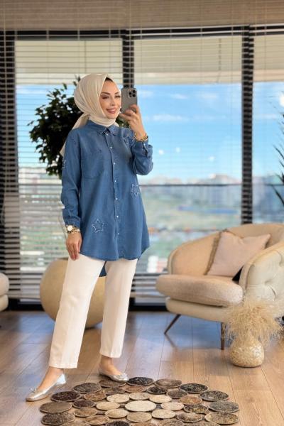 7343 Tencel Üstü Serpme Yıldız Nakışlı Gömlek Mavi