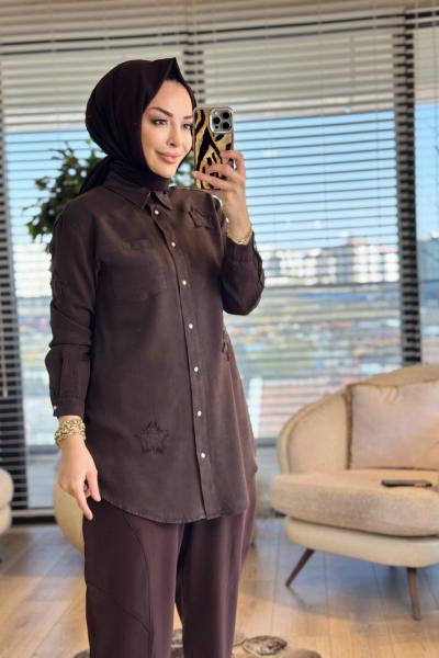 7343 Tencel Üstü Serpme Yıldız Nakışlı Gömlek Kahve