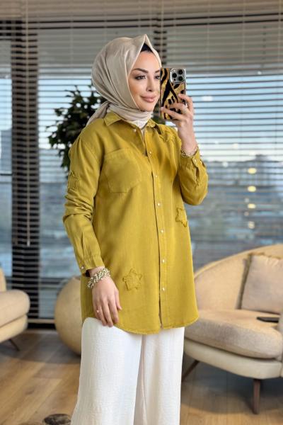 7343 Tencel Üstü Serpme Yıldız Nakışlı Gömlek Yağ Yeşili