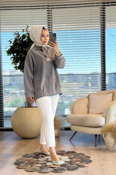 7395 Yakalı Patı Taş İşli Cepli Tunik Gri