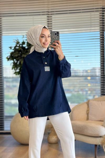 7395 Yakalı Patı Taş İşli Cepli Tunik Koyu Lacivert
