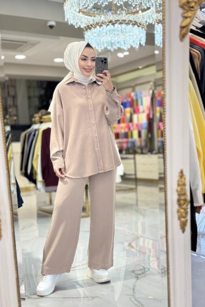 7415 Tencel Önden Düğmeli Takım Vizon