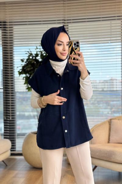 7441 Tencel Ön Dikişli Ve Cepli Yelek Lacivert
